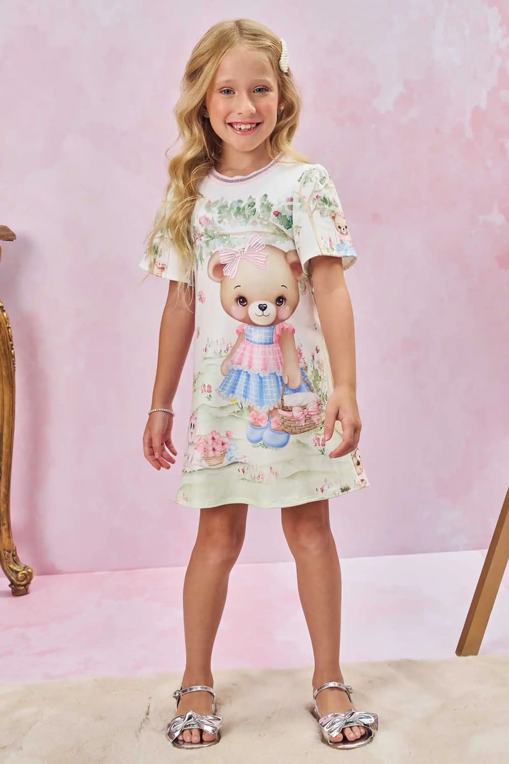 Vestido Infantil Kukie Verão Ursinha Piquenique