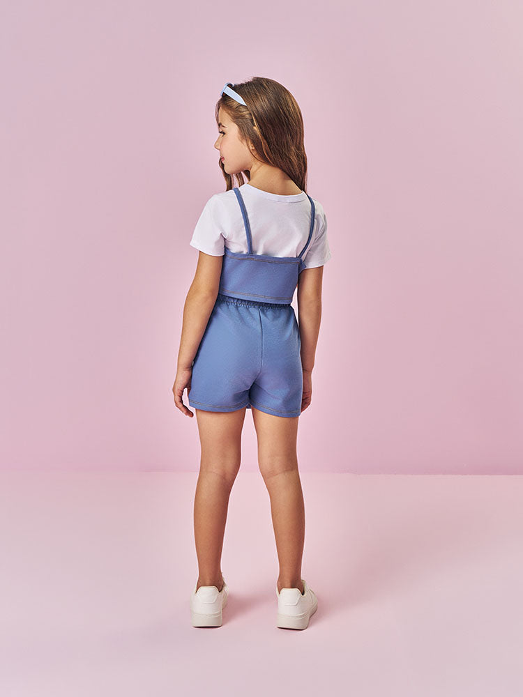 Conjunto Infantil Cinti Verão, Shorts Saia e Top Azul Florzinha com Blusa Branca