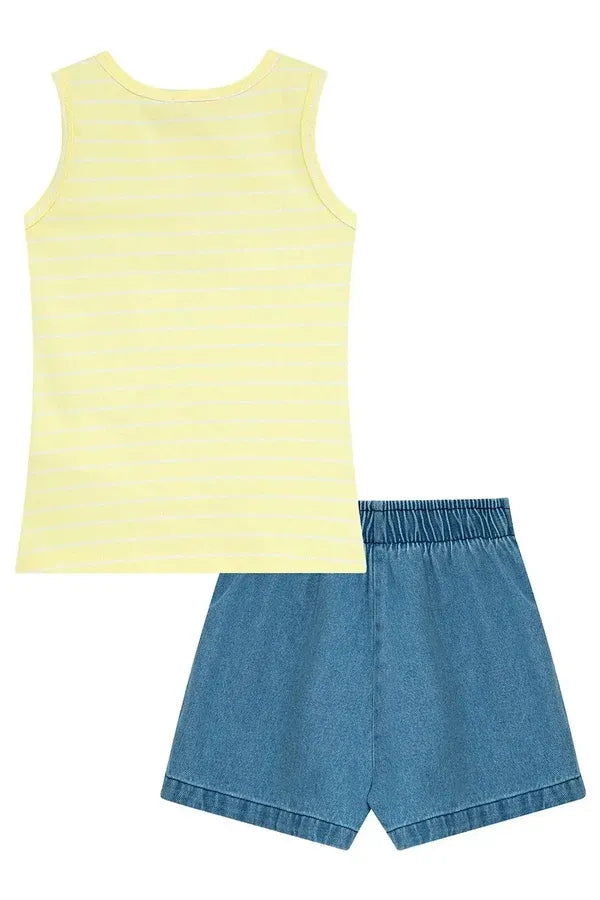 Conjunto Infantil Menina Kukiê com Shorts Saia Jeans e Regata Amarela Limãozinho Tricô
