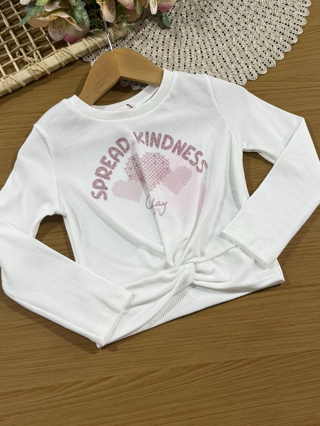 Conjunto Infantil Kukiê Inverno com Shorts Saia Rosa e Blusa Manga Longa Branca Corações