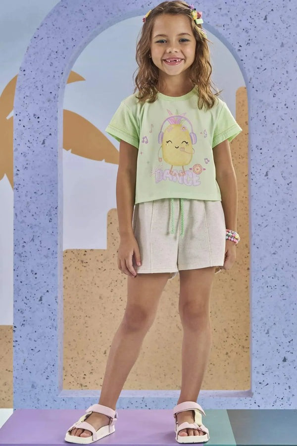 Conjunto Infantil Kukiê Verão com Shorts Off White e Blusa Verde Abacaxi Musical