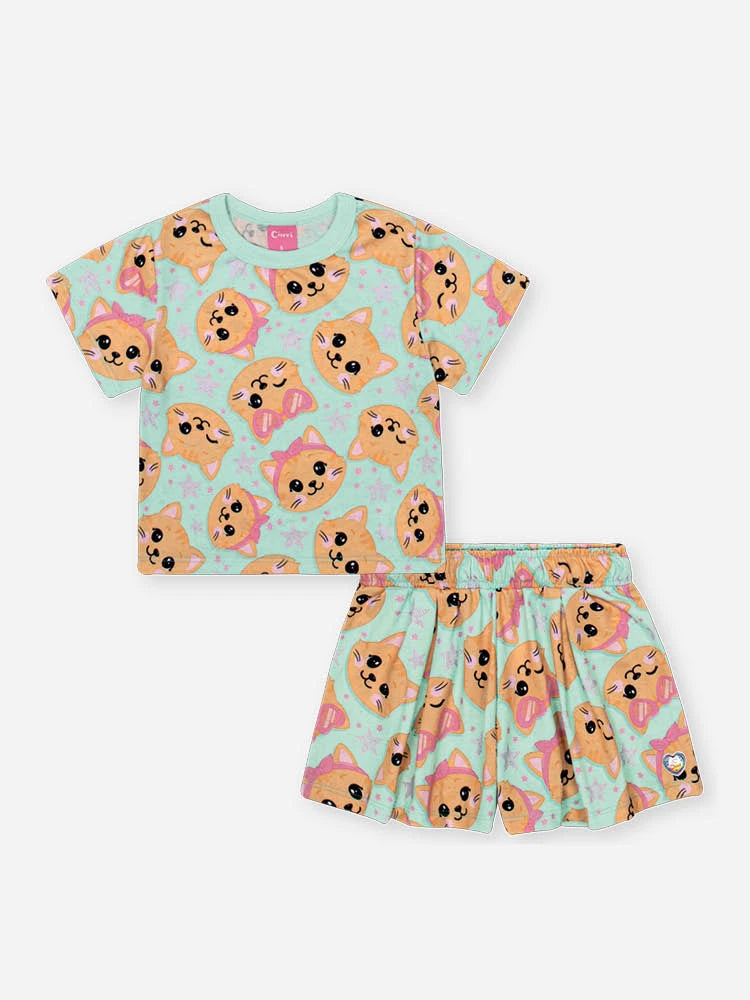Conjunto Infantil Cinti Verão com Shorts e Blusa Verde Gatinha