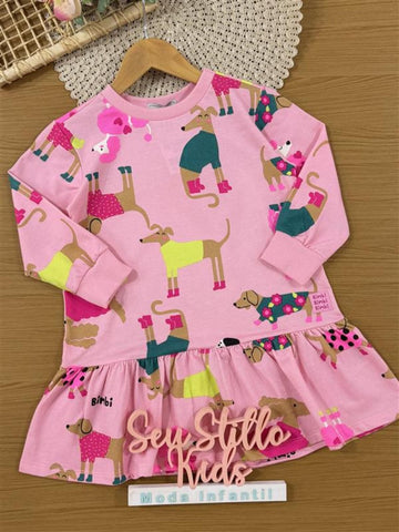 Vestido Infantil Bimbi Inverno Rosa Cachorrinho