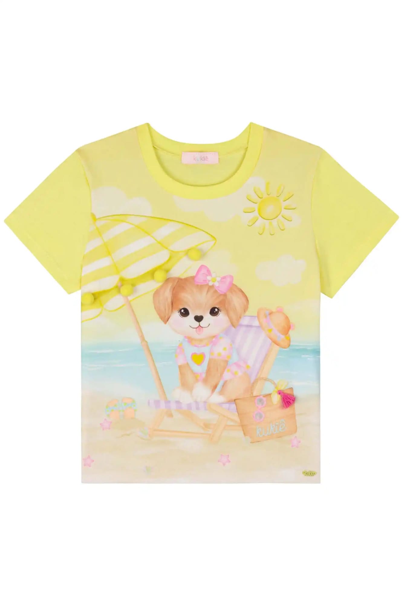 Blusa Infantil Kukiê Verão Amarela Cachorrinha na Praia