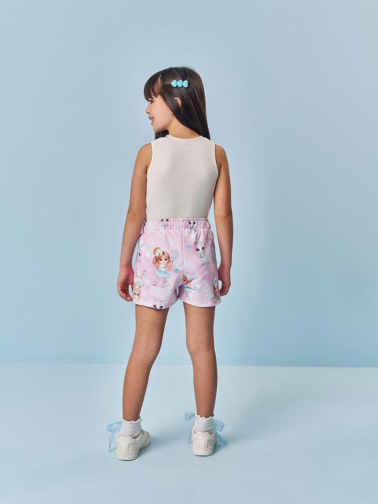 Conjunto Infantil Cinti Verão com Shorts Saia Rosa Estampado e Regata Estrelinha