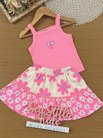 Conjunto Infantil Momi Verão com Saia Bege e Regata Rosa Florzinha