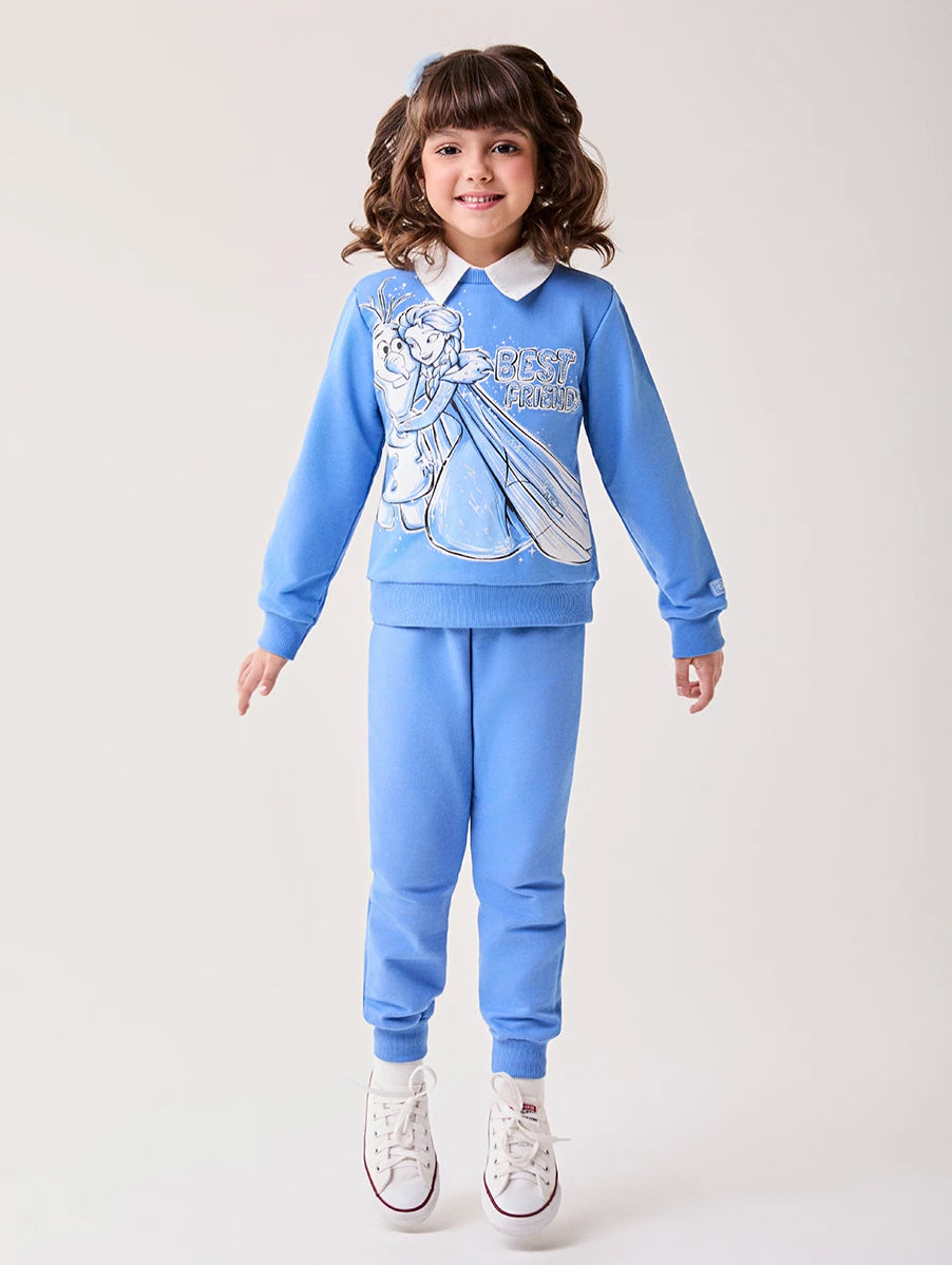 Conjunto Infantil Bimbi Inverno com Calça Legging e Moletom sem Flanela Azul Frozen Best Friends Disney