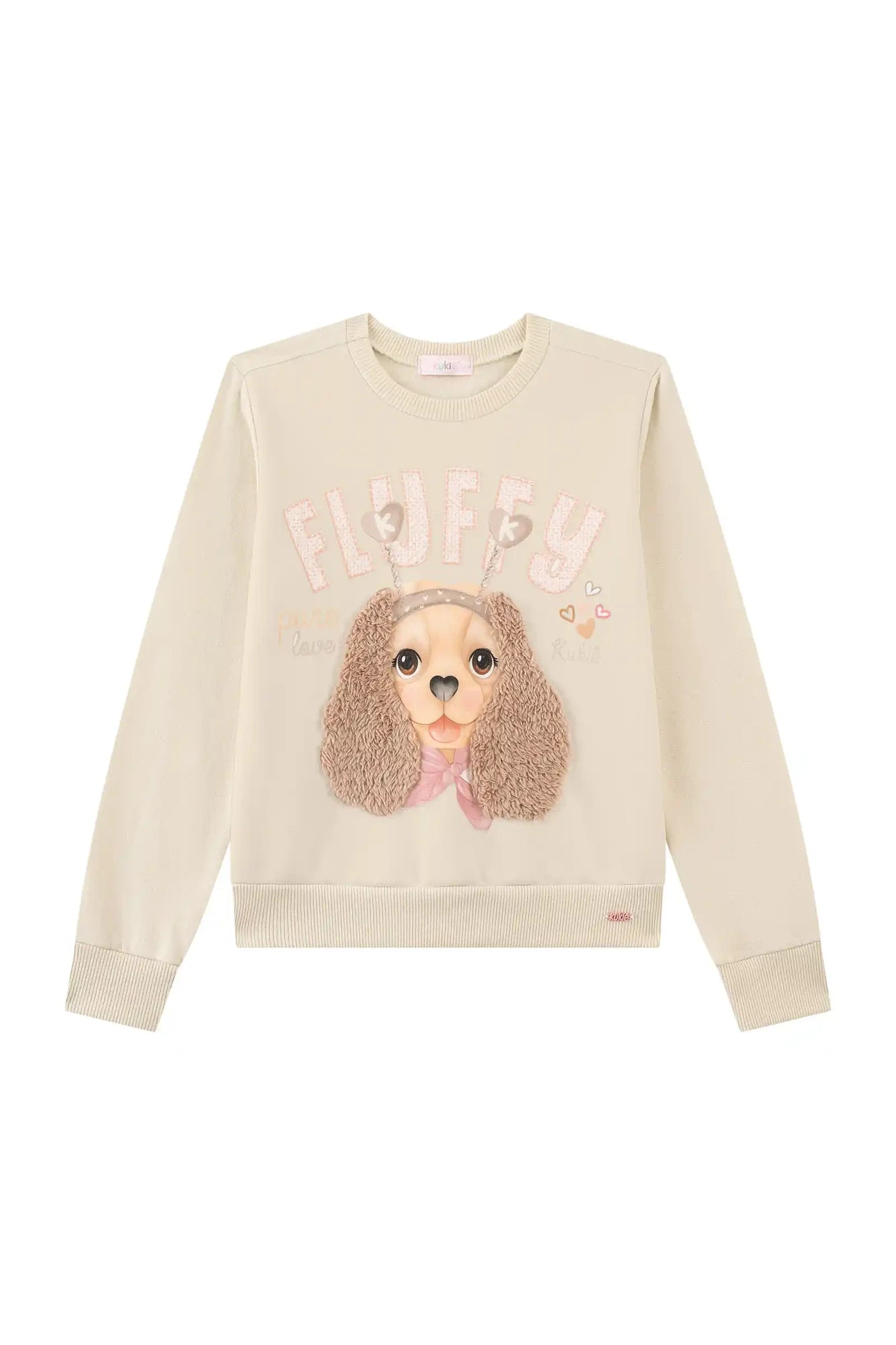 Conjunto Infantil Kukiê Inverno com Calça Legging e Moletom Flanelado Bege Cachorrinha Fluffy