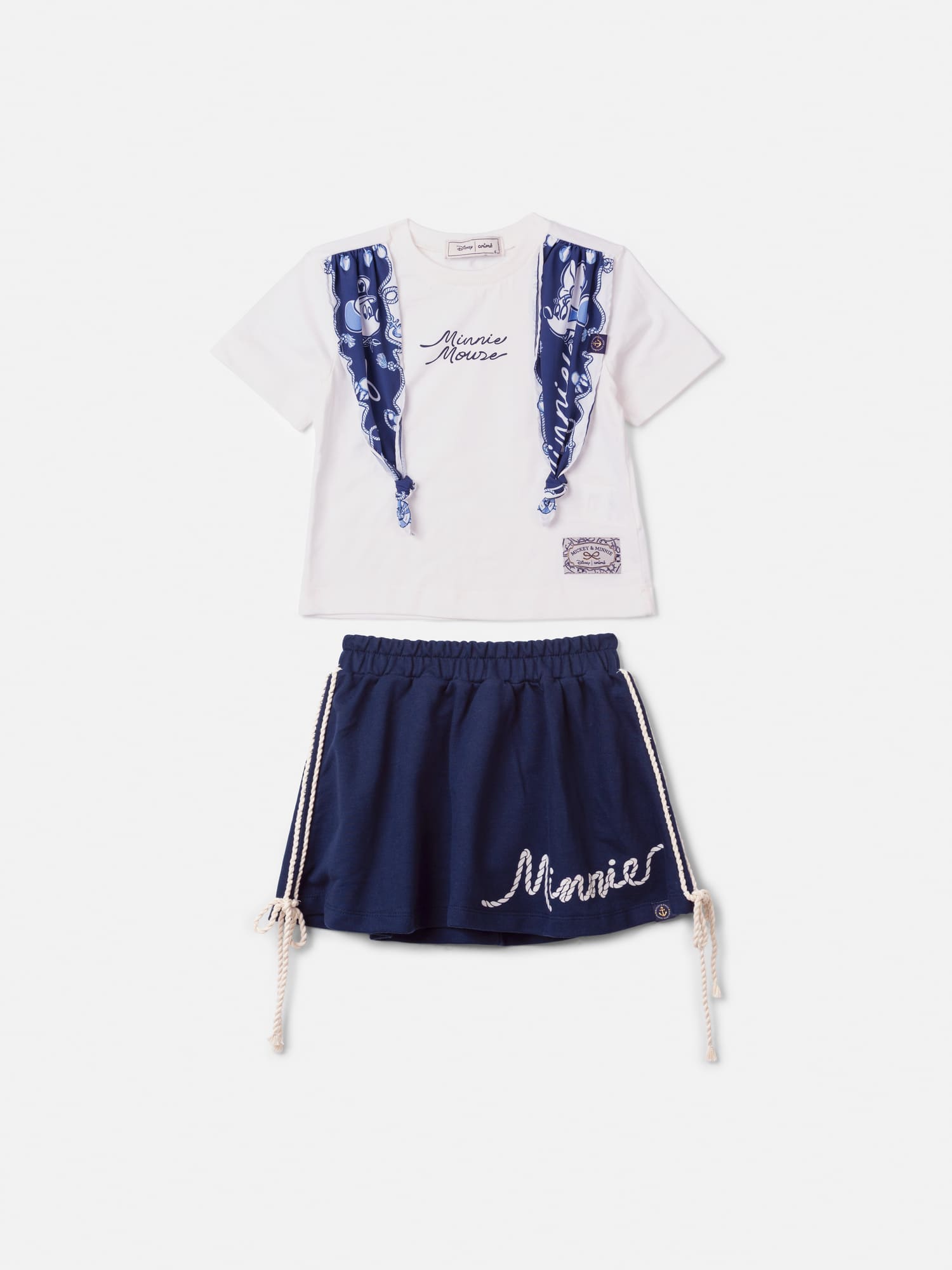 Conjunto Infantil Animê Verão Saia Azul Marinho e Blusa Branca com Laço Minnie Disney