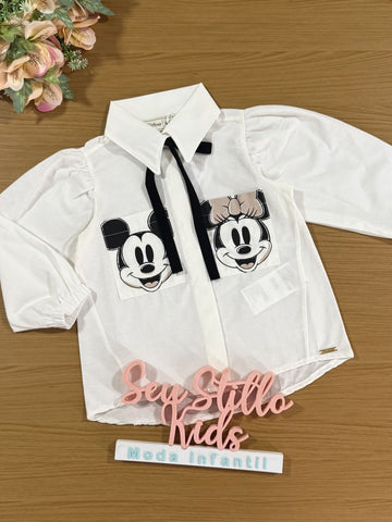 Blusa Infantil Animê Inverno com Gola e Manga Longa Branco Minnie e Mickey Disney