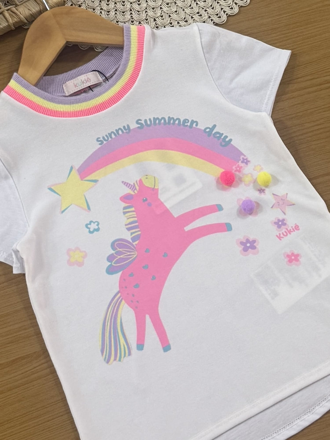 Blusa Infantil Kukiê Verão Branca Unicórnio Arco-íris