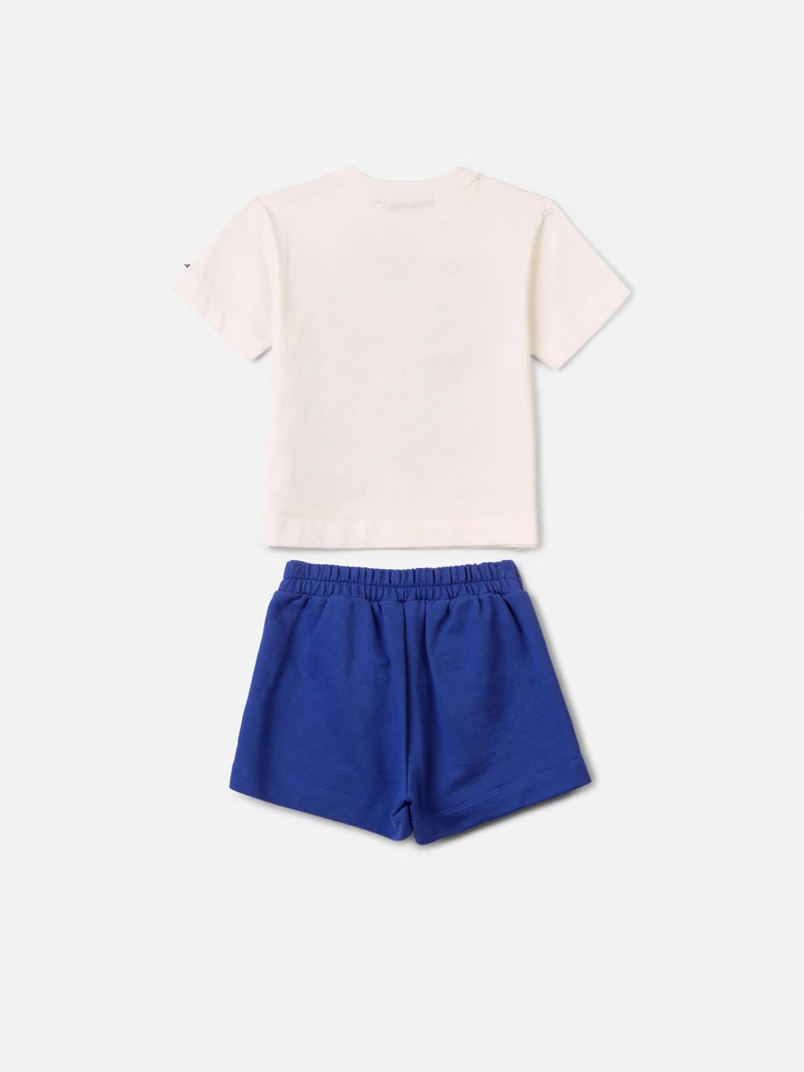 Conjunto Infantil Menina Animê com Shorts Saia Azul e Blusa Frutinhas