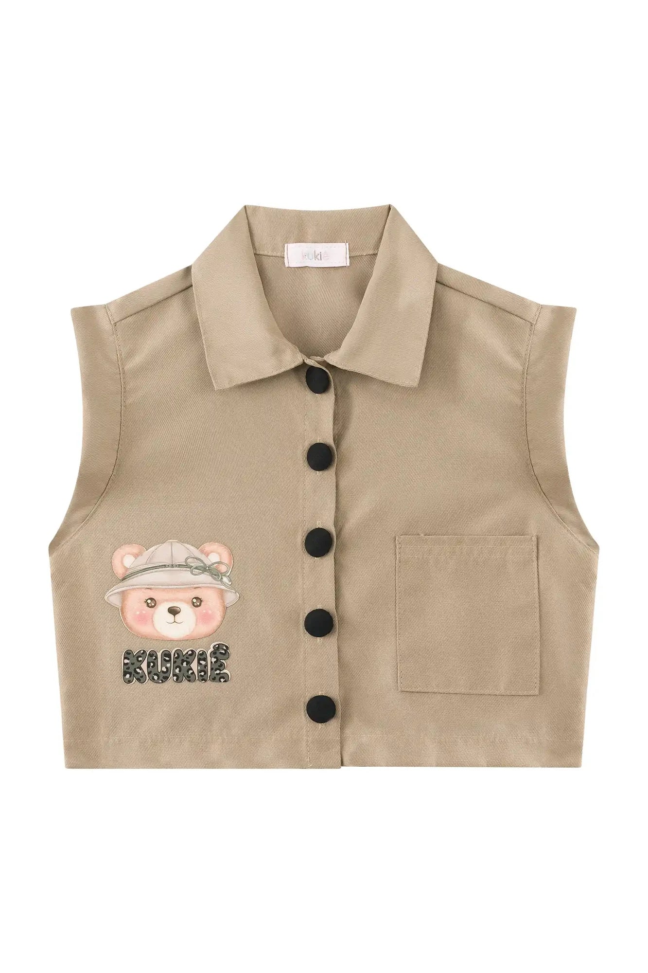 Conjunto Infantil Kukiê Inverno com Shorts Saia e Colete Bege Ursinha Safari