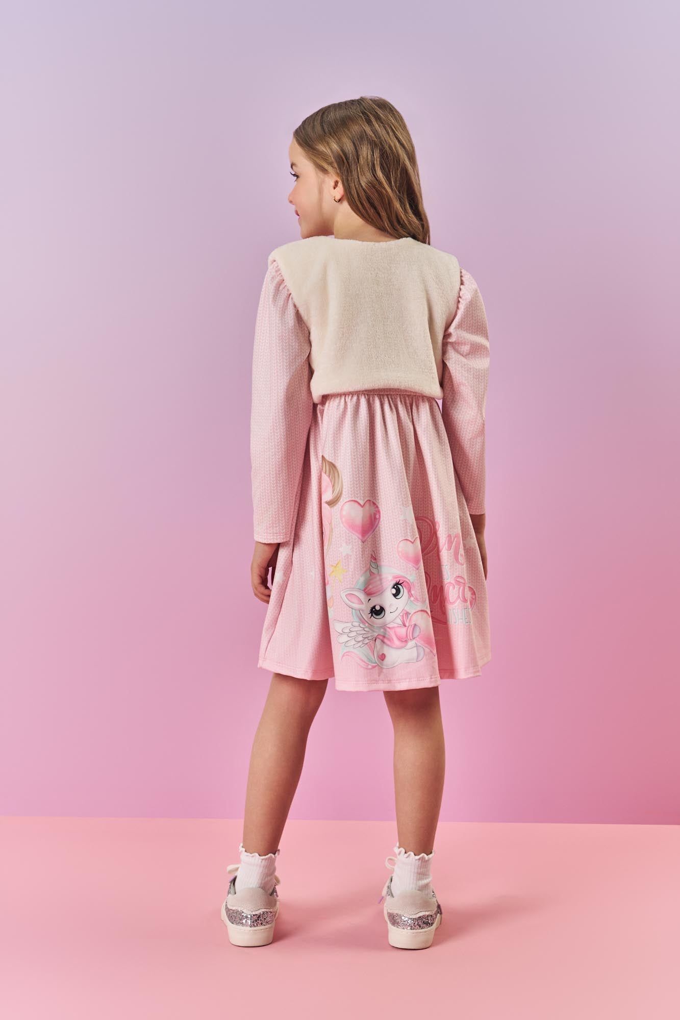 Vestido Infantil Cinti Inverno Rosa com Colete Unicórnio