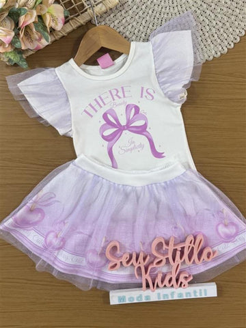 Conjunto Infantil Cinti Verão com Saia em Tule Lilás e Blusa Branca Lacinho