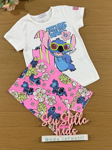 Conjunto Infantil Momi Verão Shorts Ciclista Rosa e Blusa Stitch Disney