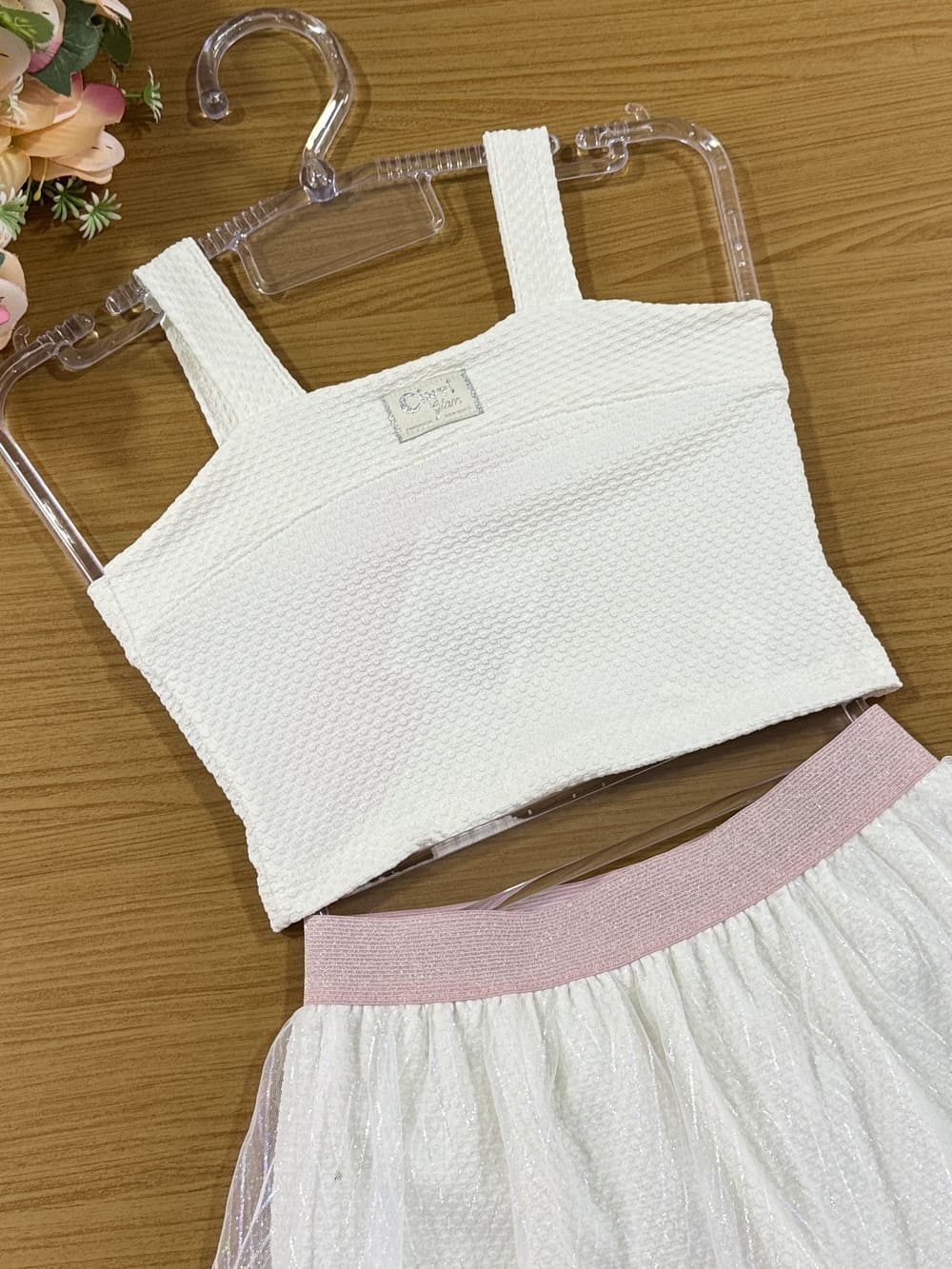 Conjunto Infantil Cinti Verão Saia Tule e Cropped Off White