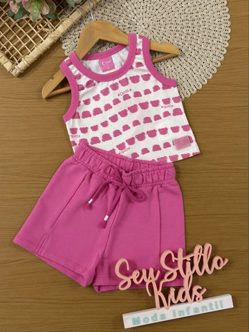 Conjunto Infantil Cinti Inverno Com Shorts e Blusa Regata Rosa Ursinhos