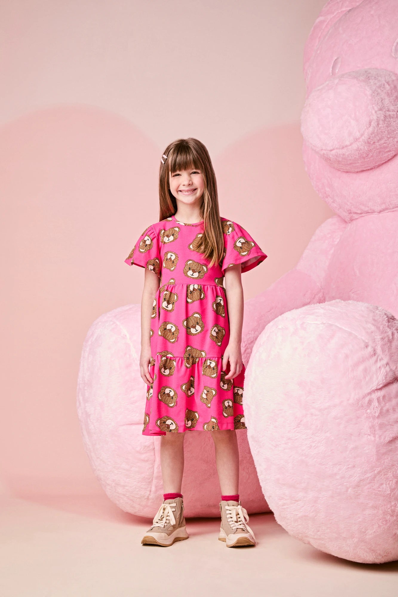 Vestido Infantil Momi Inverno Rosa Escuro Ursinhos Tricote