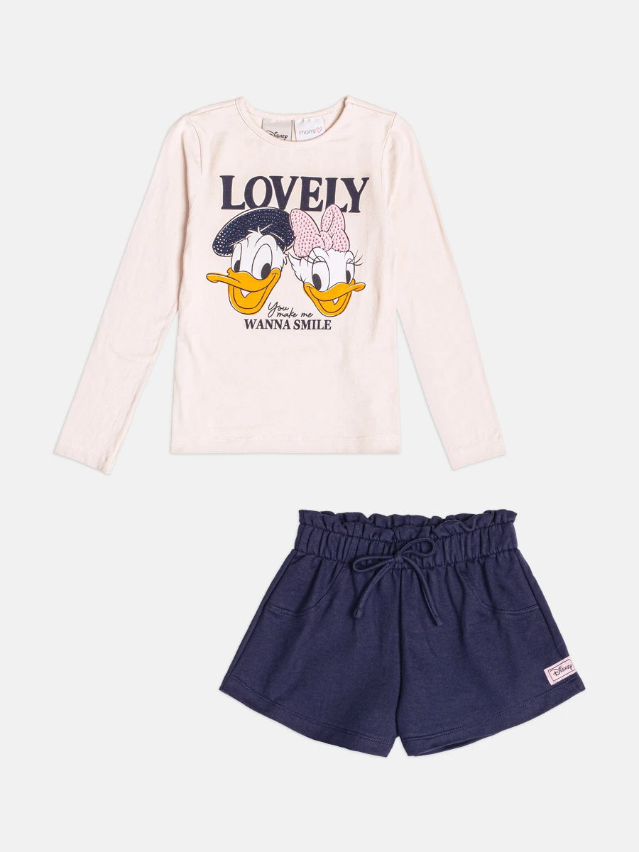 Conjunto Infantil Momi Inverno com Shorts e Blusa Manga Longa Bege Margarida e Donald Lovely