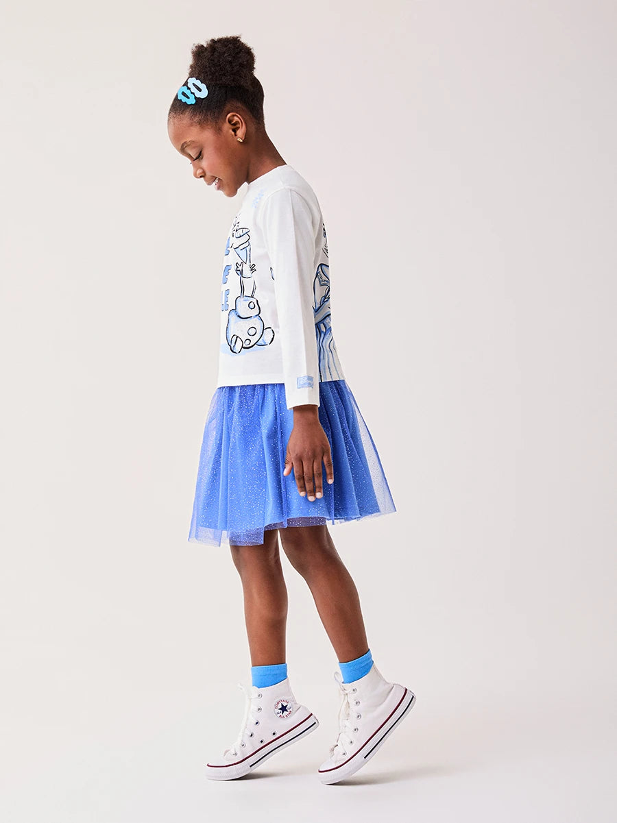 Conjunto Infantil Bimbi Inverno com Saia Azul em Tule e Blusa Manga Longa Olaf Strass Disney