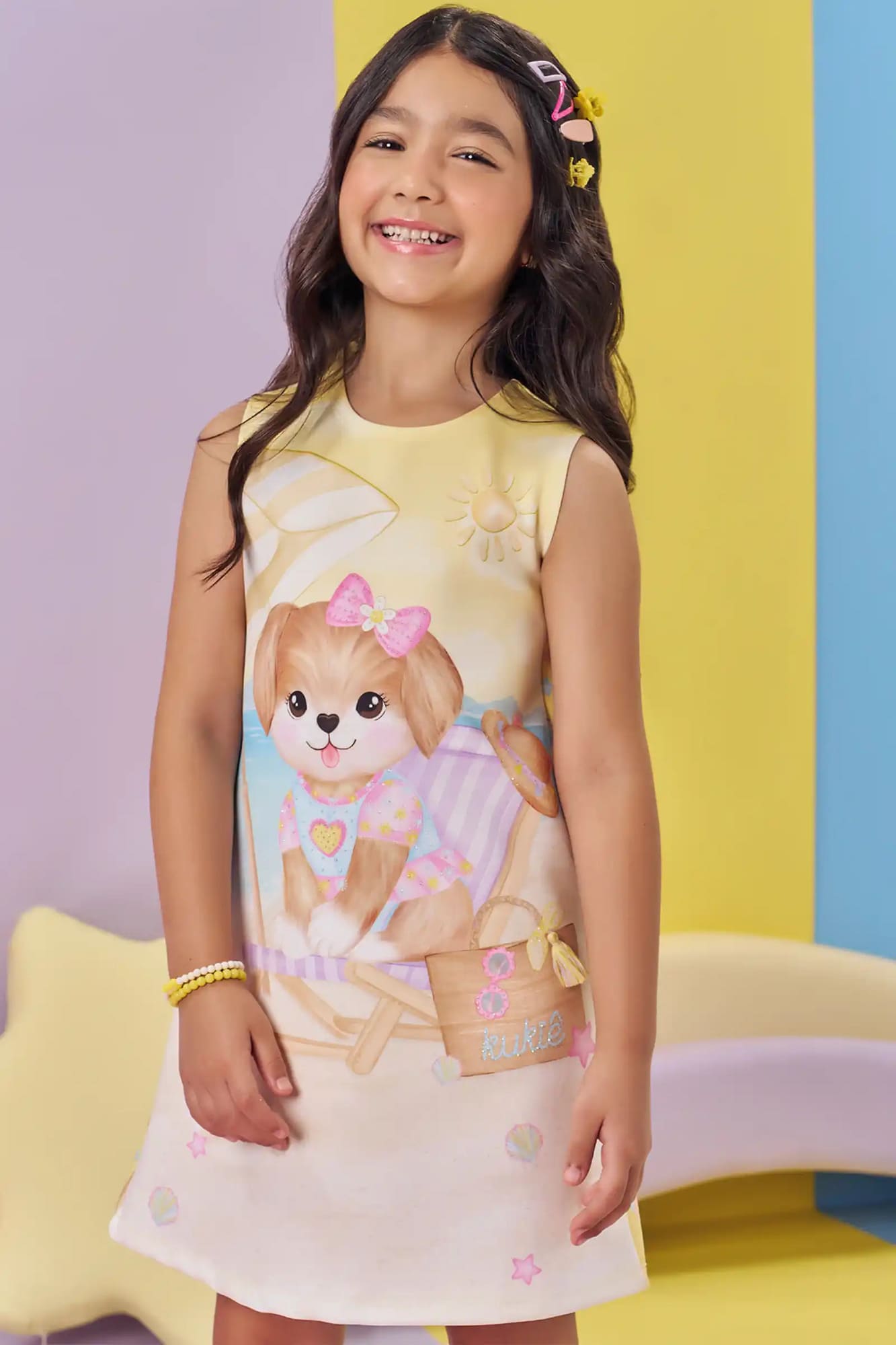 Vestido Infantil Kukiê Verão Amarelo Cachorrinha na Praia