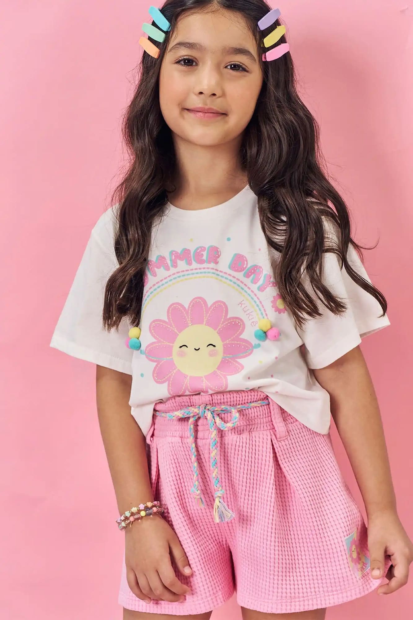 Conjunto Infantil Kukiê Verão com Shorts Rosa e Blusa Branca Florzinha Arco-irís