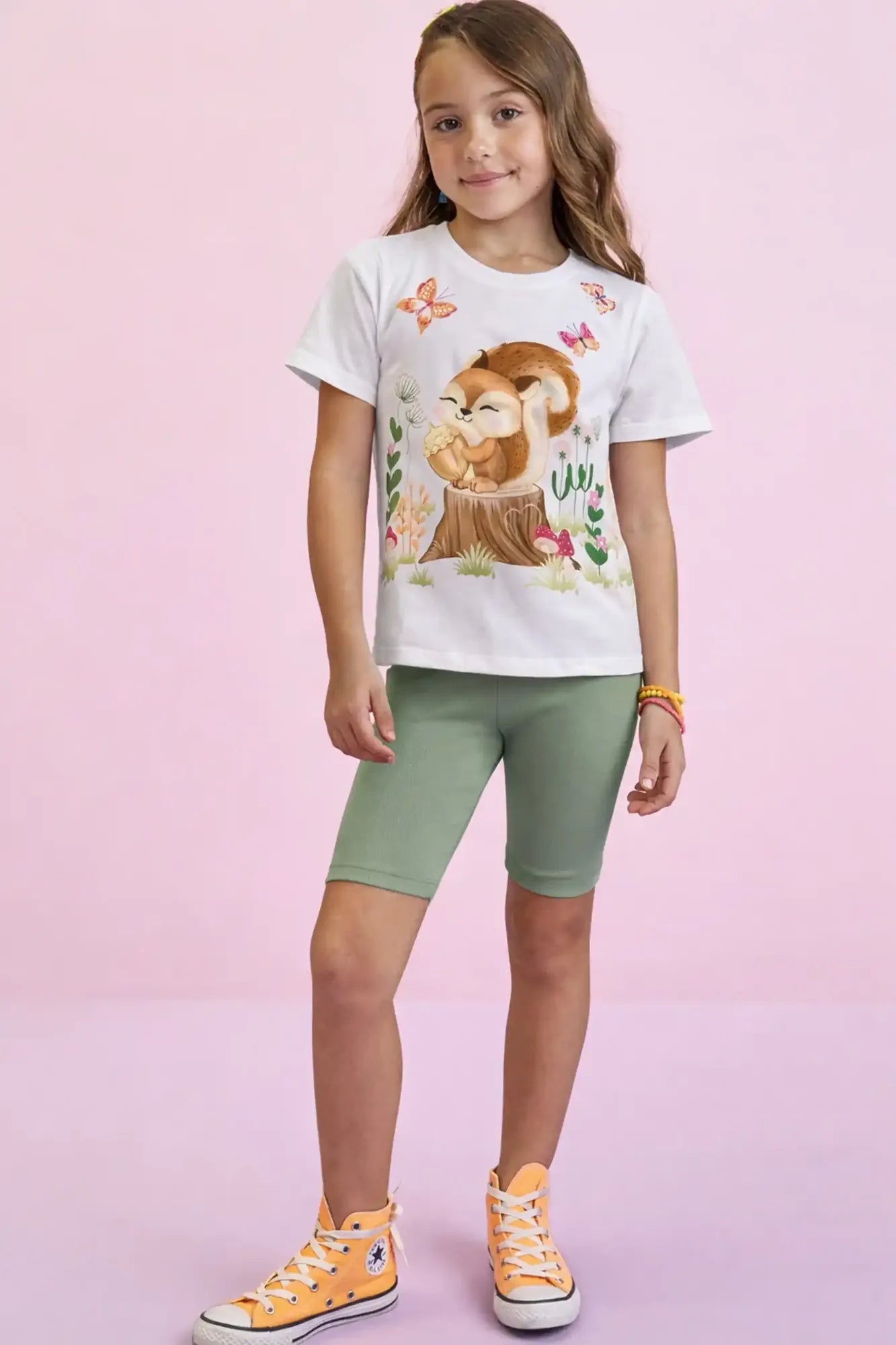 Conjunto Infantil Kukie Com Shorts Cliclista e Blusa Manga Curta Branca Raposinha