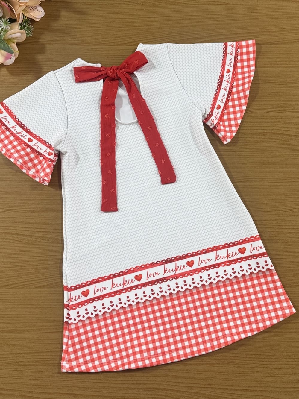 Vestido infantil Kukie Verão Xadrez Vermelho Ursinha