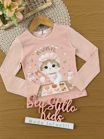 Blusa Infantil Kukiê Inverno Manga Longa Rosa Gatinha Docinhos