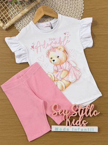 Conjunto Infantil Kukiê com Shorts Rosa e Blusa Ursinha Lacinho