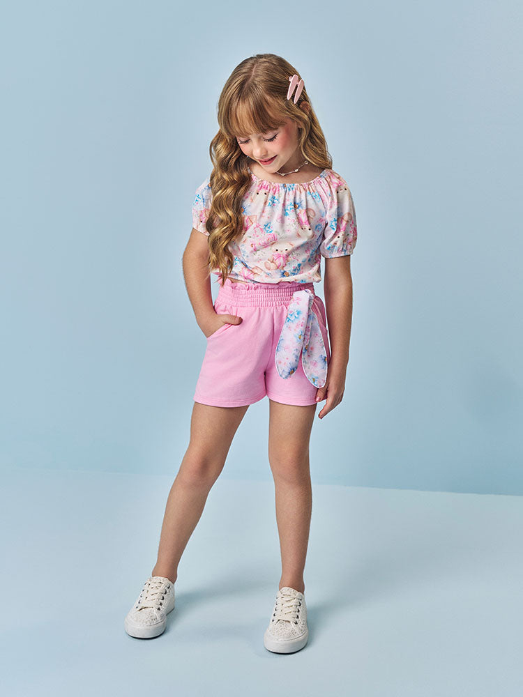Conjunto Infantil Cinti Verão com Shorts Lacinho e Blusa Rosa Estampada