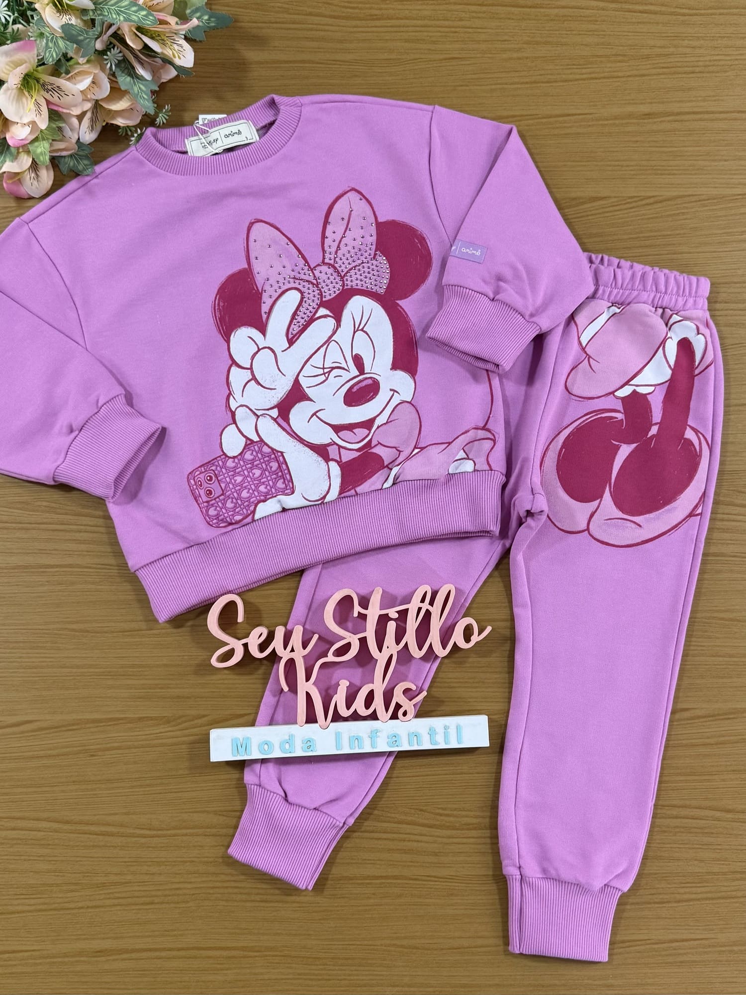 Conjunto Infantil Animê Calça e Moletom Rosa Minnie Disney