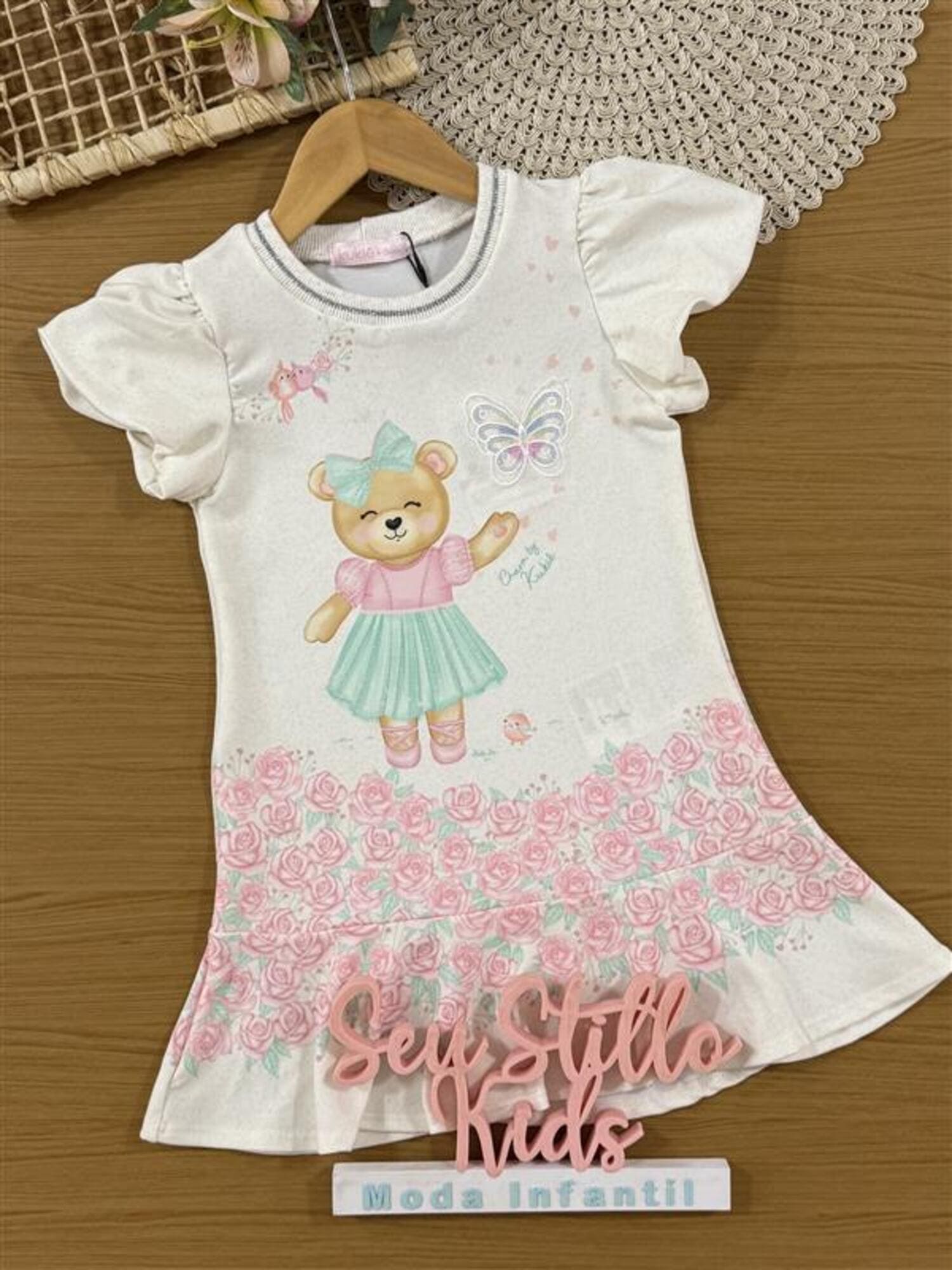 Vestido Infantil Kukiê Verão Verde Ursinha no Jardim