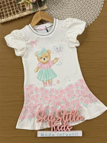 Vestido Infantil Kukiê Verão Verde Ursinha no Jardim