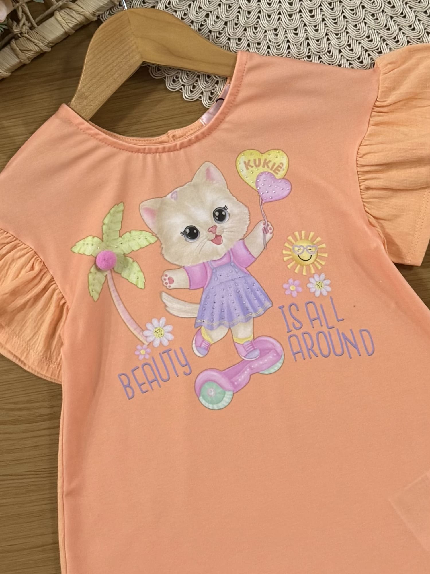 Vestido Infantil Kukiê Verão Laranja Gatinha com Strass