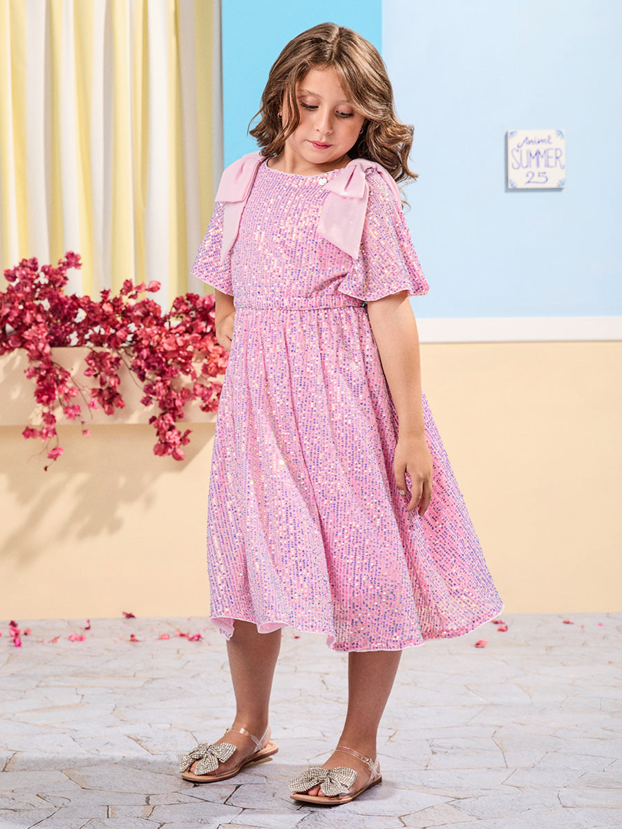Vestido Infantil Animê Verão Tule Rosa com Paetê