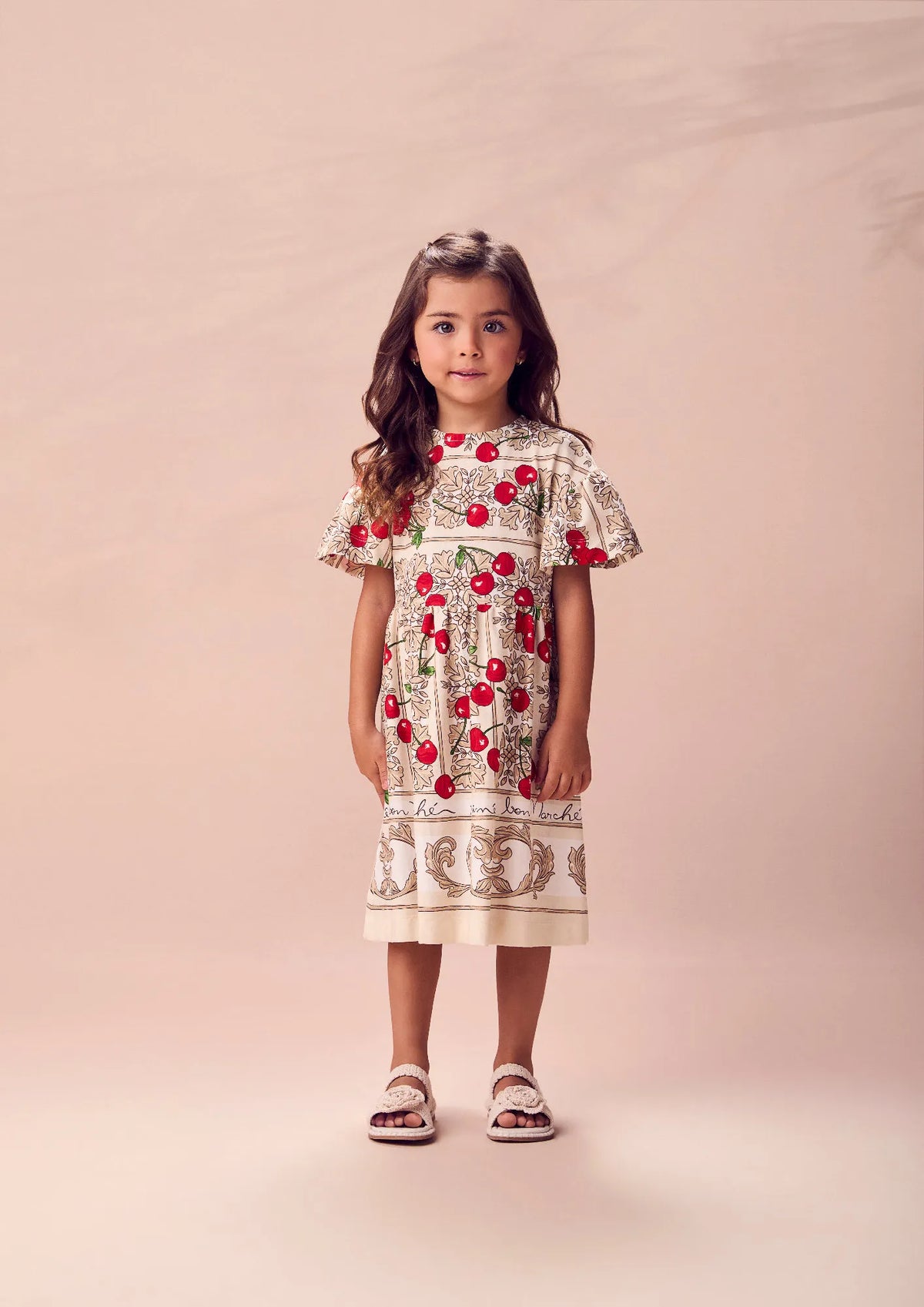 Vestido Infantil Animê Bege Cerejinhas