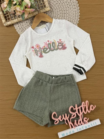 Conjunto Infantil Kukiê Inverno com Shorts Verde e Blusa Manga Longa Hello