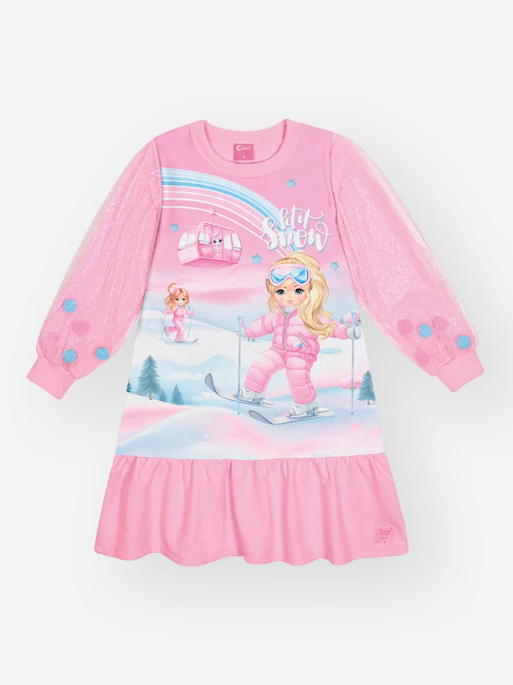 Vestido Infantil Cinti Inverno Sem Flanela com Tule Rosa Menininha na Neve