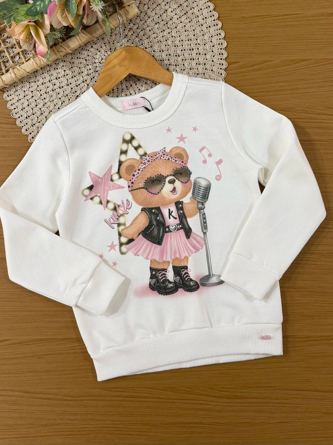 Conjunto Infantil Kukiê Inverno com Calça Legging Rosa e Moletom Flanelado Ursinha Cantora
