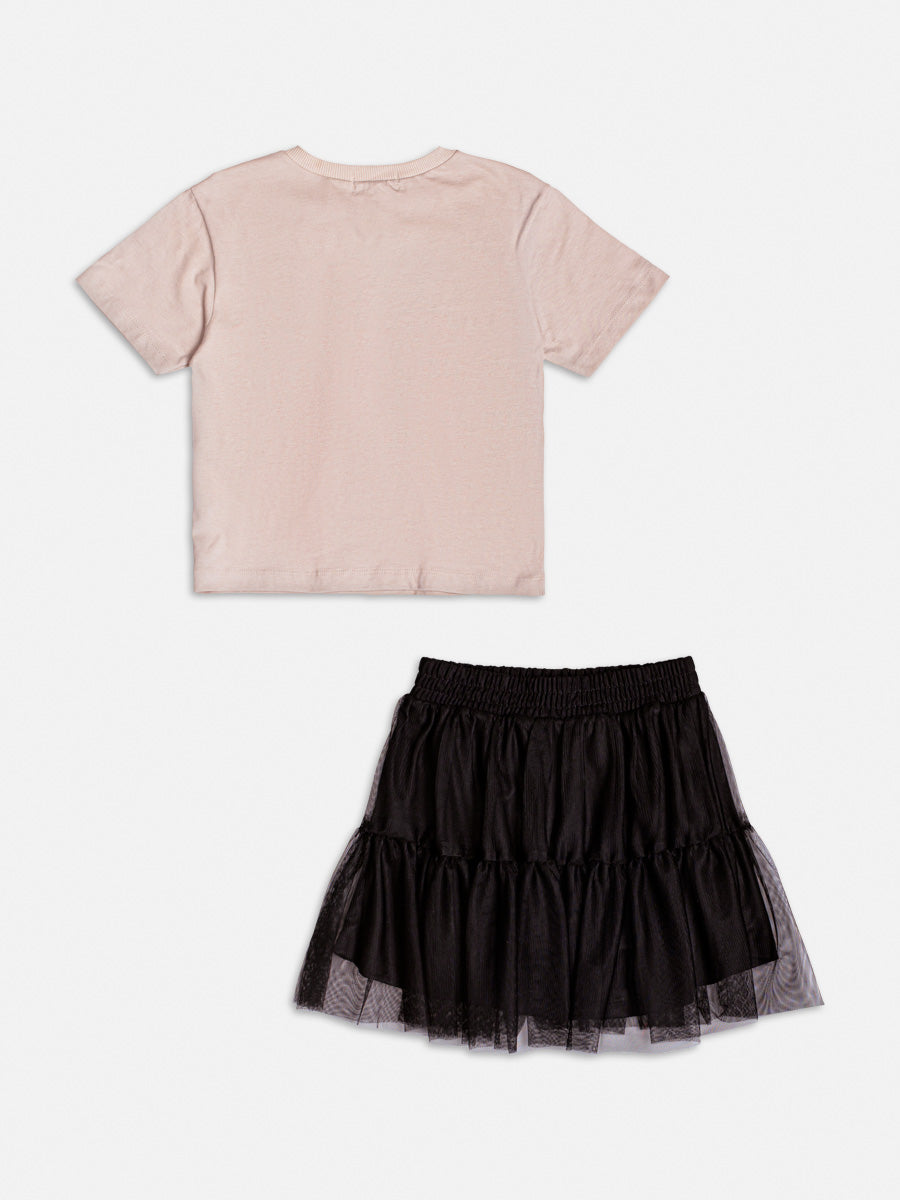 Conjunto Infantil Momi com Saia em Tule Preta e Blusa Bege Hello Kitty