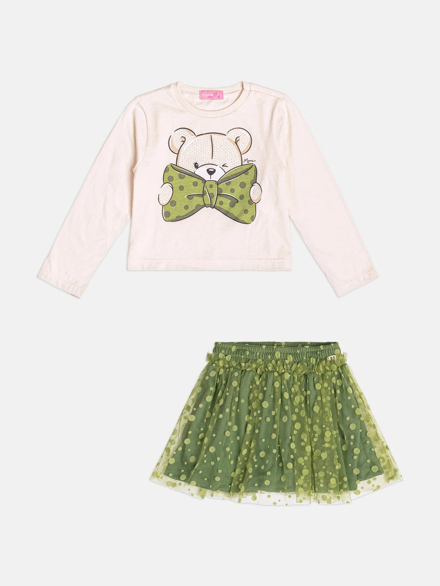 Conjunto Infantil Momi Inverno com Saia em Tule Verde e Blusa Manga Longa Ursinho Laço