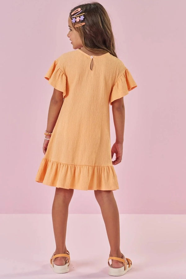 Vestido Infantil Kukiê Verão Laranja Gatinha com Strass