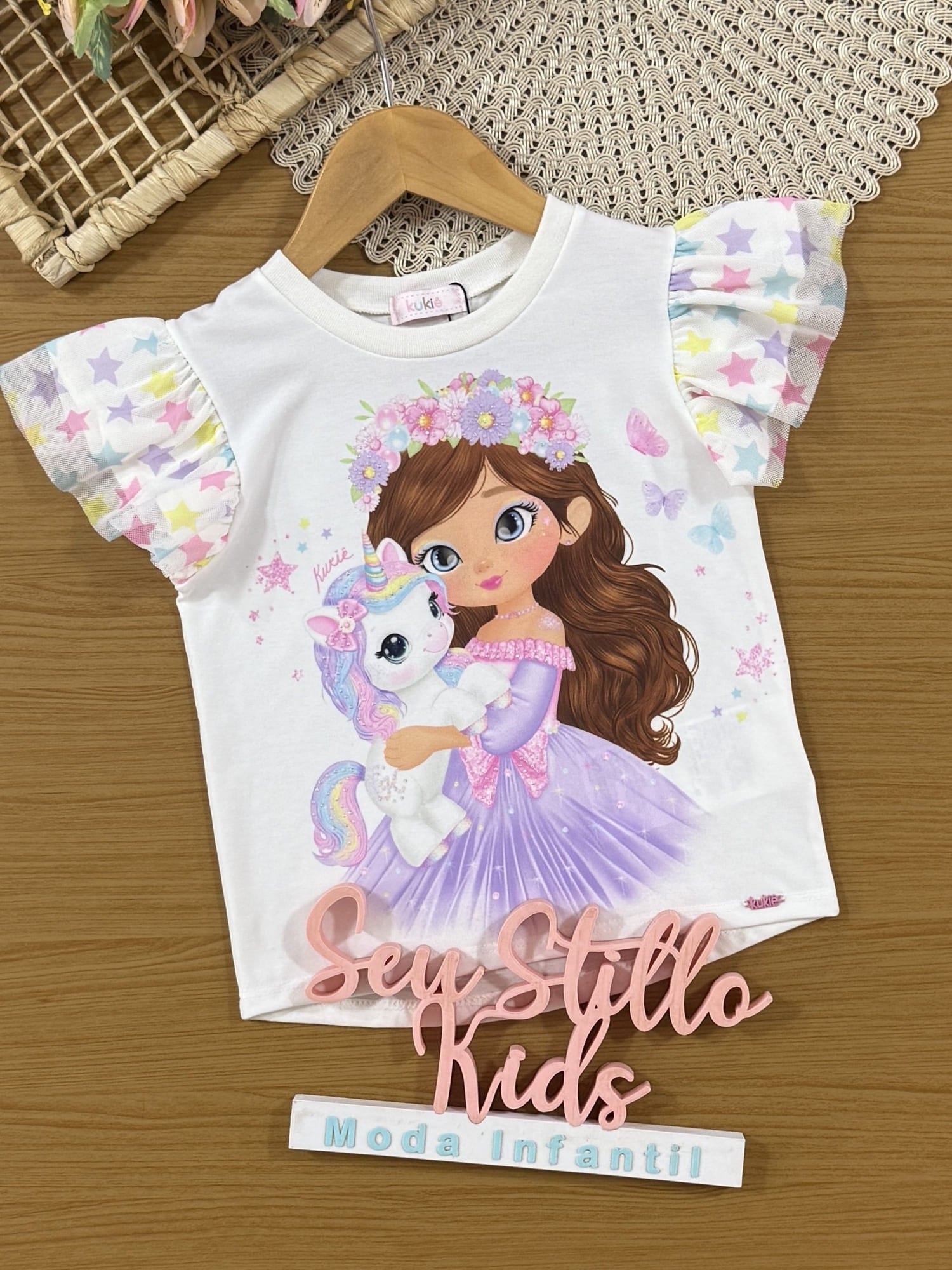 Blusa Infantil Kukiê Verão Branca Menina e Unicórnio