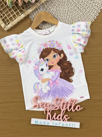 Blusa Infantil Kukiê Verão Branca Menina e Unicórnio