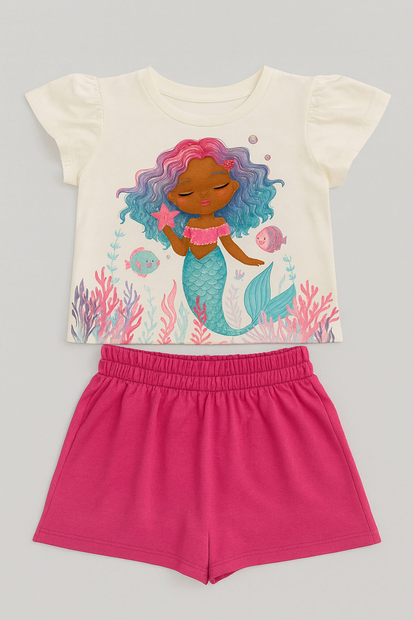 Conjunto Infantil Kukiê Verão com Short-Saia Rosa e Blusa Branca Sereia
