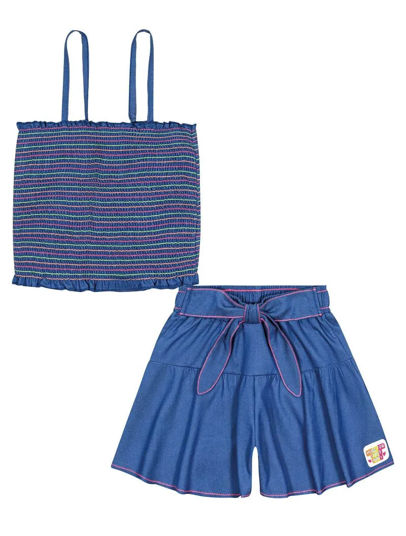 Conjunto Infantil Cinti Verão Shorts Jeans e Blusa Lastex