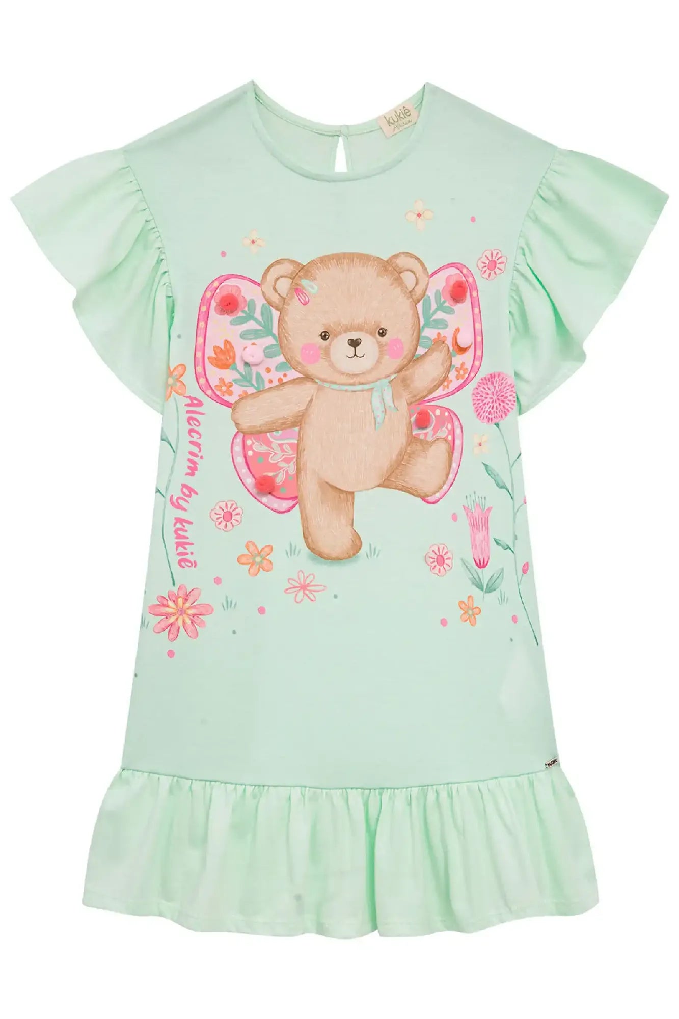 Vestido Infantil Kukiê Verão Verde Ursinha Borboleta