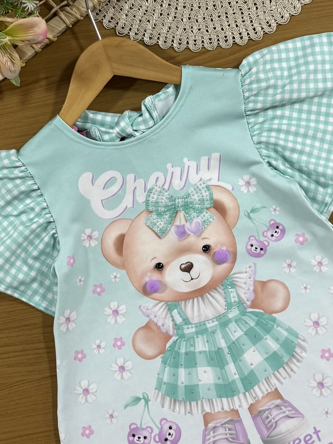 Vestido Infantil Cinti Verão Manga Curta Azul Xadrez Ursinha Floral